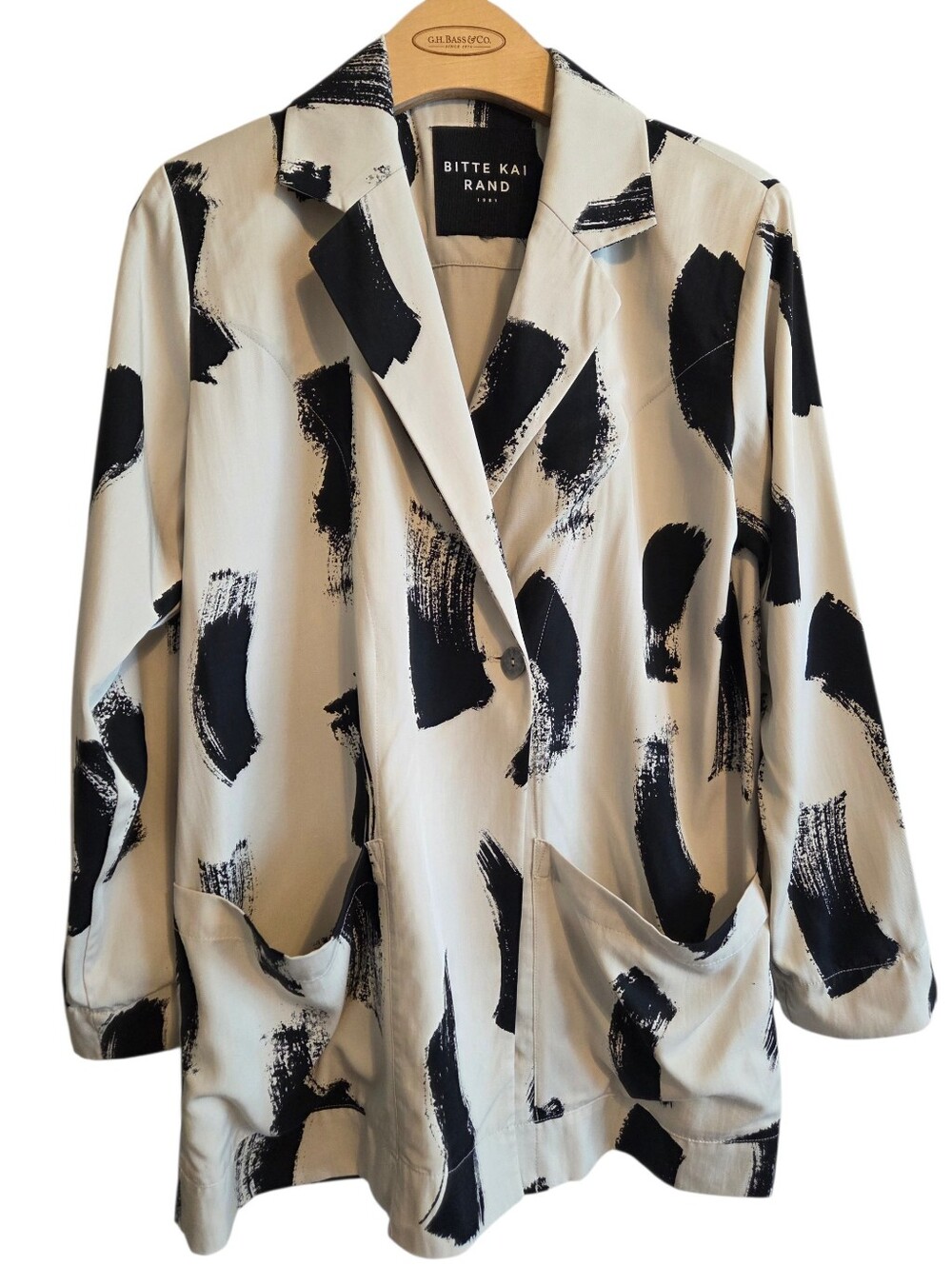 Bitte Kai Rand Cream Black Brushstroke Blazer Sz XS Artsy Longline Art To Wear